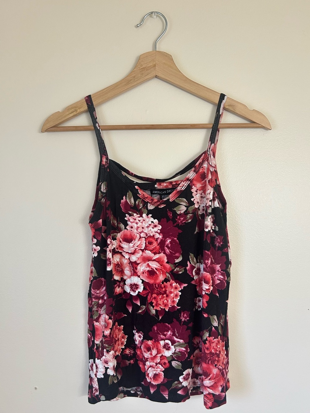 American Dream Black Floral Cami V-Neck Double Strap Tank Top XS